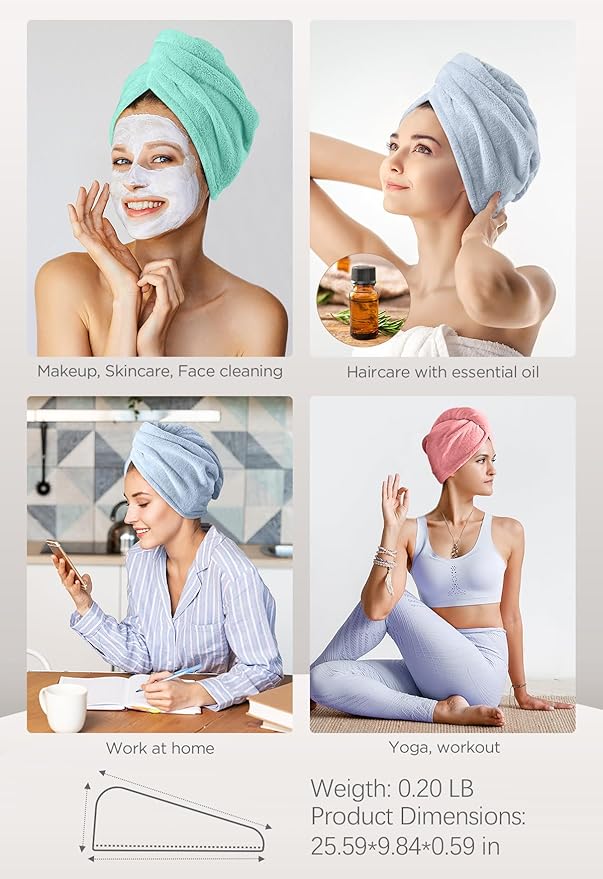 Hicober Microfiber Hair Towel, 3 Packs Hair Turbans for Wet Hair, Drying Hair Wrap Towels for Curly Hair Women Anti Frizz (Pink,Blue,Green)