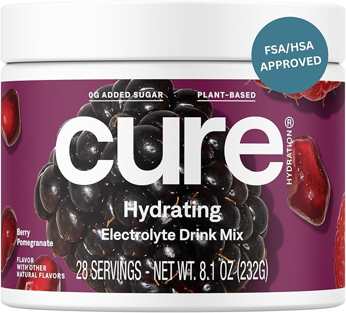 Cure Hydration | Plant-Based Electrolyte Drink Mix | No Added Sugar | Dehydration Relief Powder Made with Coconut Water | Non-GMO | Vegan | 28 Servings Jar - Berry Pomegranate
