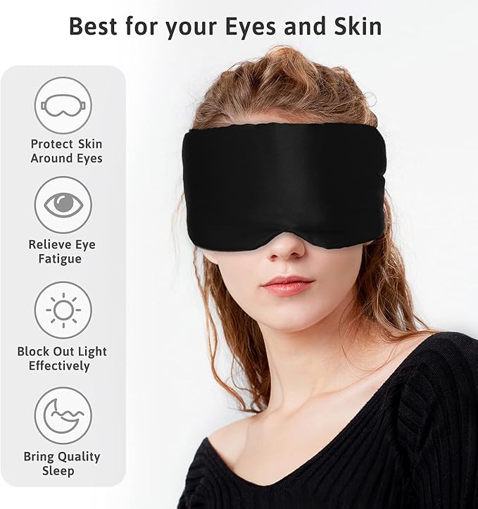 Silk Sleep Mask for Women Men, Mulberry Silk Eye Sleeping Mask & Blindfold with Adjustable Velcro Strap, Blackout Eye Cover for Sleep Travel Yoga Nap, Large Size, Black