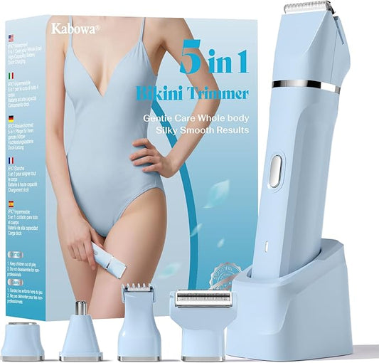 Bikini Trimmer for Women - 5 in 1 Electric Razors for Lady Pubic Facial Nose Body Leg Hair Removal, Waterproof Electric Shaver for Women Private Area Sensitive Skin, Personal Hair Trimmer