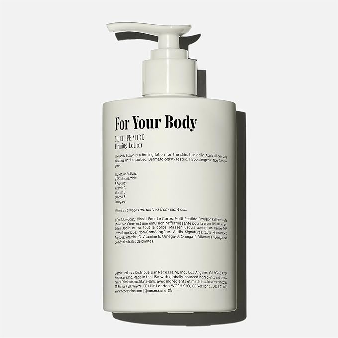 Nécessaire The Body Lotion with Pump. Hinoki. Multi-Peptide Firming Lotion to Moisturize, Firm, Strengthen. 2.5% Niacinamide, Vitamin C/E + Omega 6/9. 450ml / 15.2 fl oz
