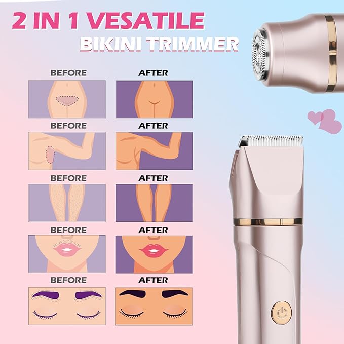 Bikini Trimmer for Women 2-in-1 – Rechargeable Electric Razors for Women, Painless Electric Shaver for Bikini, Underarm, Legs, Arms – IPX7 Waterproof, Compact Travel Design