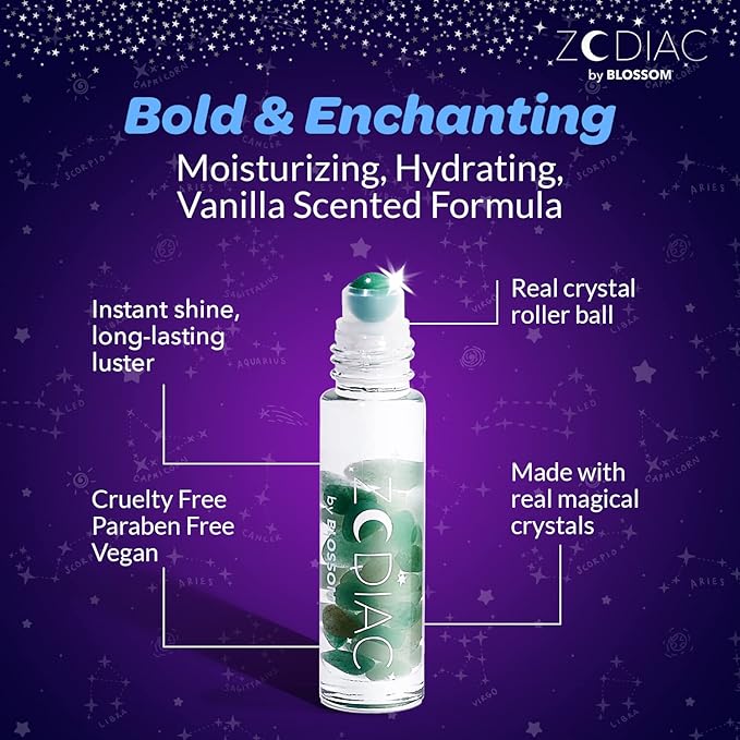 Blossom Zodiac Sign Vanilla Scented Moisturizing Roll-On Lip Gloss with Crystals + pH Technology Color Changing Crystal Strawberry Scented Lip Balm, 2 Pack Bundle, Taurus/Turquoise