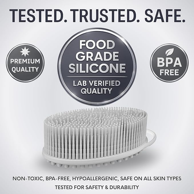 Avilana Silicone Body Scrubber – Gentle Shower Brush & Loofah Alternative- Food Grade & Lab Tested – Fast-Drying, Hygienic, BPA-Free Silicone Body Gentle Exfoliator (Light Gray, Massage)