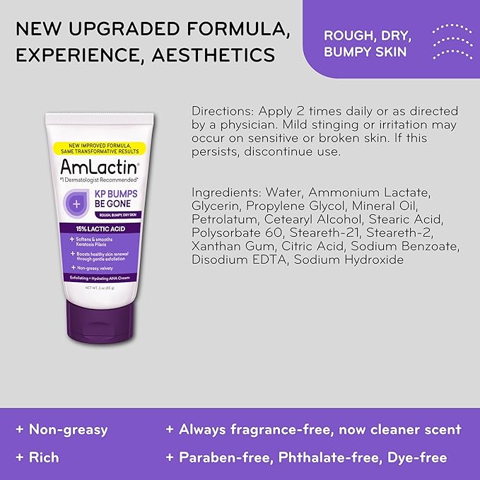 AmLactin KP Bumps Be Gone - 3 oz Keratosis Pilaris Moisturizing Cream with 15% Lactic Acid - Exfoliator and Moisturizer for Dry, Rough and Bumpy Skin (Packaging May Vary)