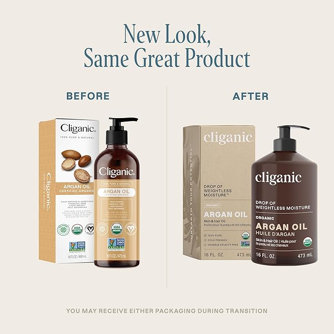 Cliganic Organic Argan Oil 16oz with Pump, 100% Pure | Bulk for Hair, Face & Skin (Packaging May Vary)
