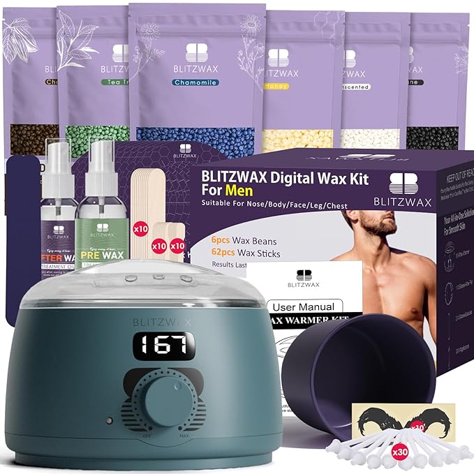 BLITZWAX Back and Nose Waxing Kit for Men, Hard Wax Warmer for Brazilian, Body and Face, At Home Hair Removal Kit, Beginner Friendly, Quick Heating, 93 Accessories, Blue Spruce