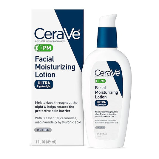 CeraVe PM Facial Moisturizing Lotion, Night Cream with Hyaluronic Acid and Niacinamide, Ultra-Lightweight, Oil-Free Moisturizer for Face, 3 Ounce