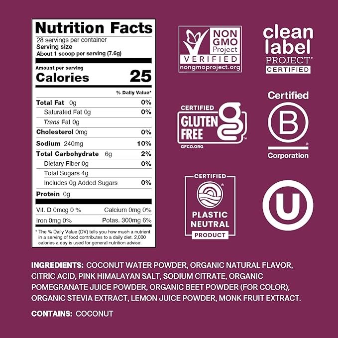 Cure Hydration | Plant-Based Electrolyte Drink Mix | No Added Sugar | Dehydration Relief Powder Made with Coconut Water | Non-GMO | Vegan | 28 Servings Jar - Berry Pomegranate