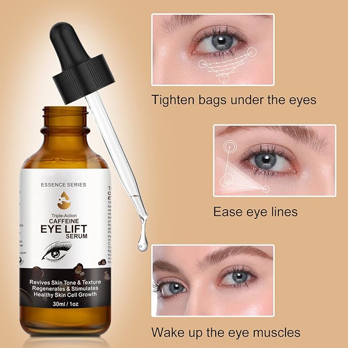 2 PCS Caffeine Eye Serum - Eye Cream for Dark Circles and Puffiness, with EGCG, Ascorbic Acid, Collagen, Caffeine Eye Lift Serum Reduces Under Eye Bags Wrinkles and Fine Lines- 2 oz/60 ml
