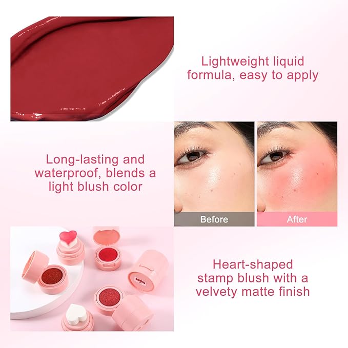 Boobeen Liquid Blush for Cheeks, Buildable & Blendable Face Blusher, Cheek Stamp Blush with Heart-shaped Applicator, Lightweight Air Cushion Blush for Velvet Matte Finish