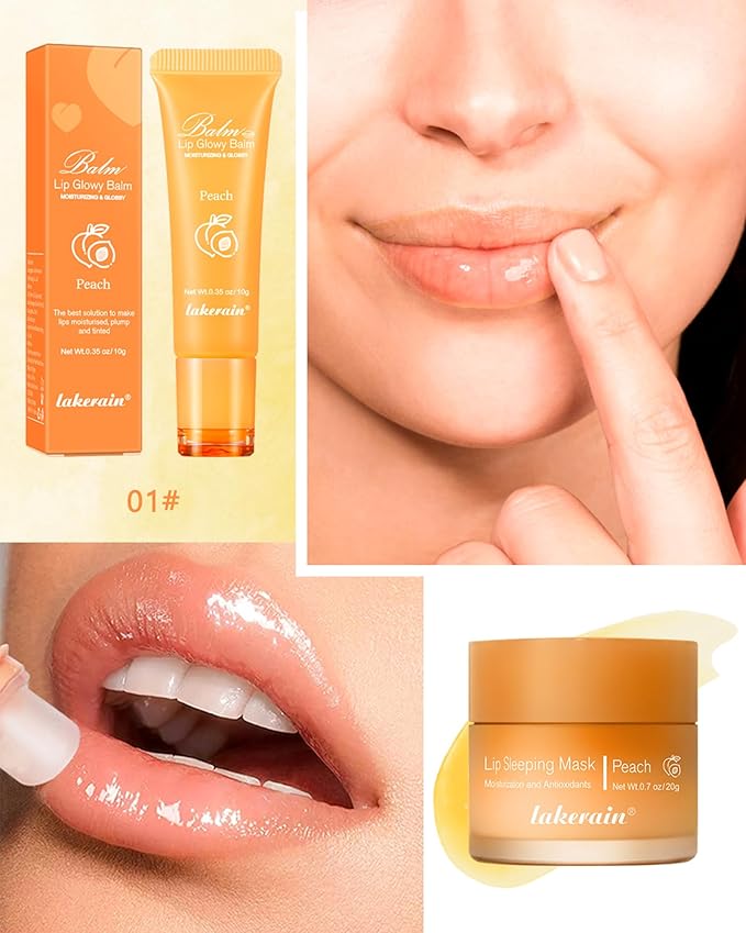 2Pcs Lip Glowy Balm & Lip Sleeping Mask Set,Hydrating Nourishing Repair Sleeping Lip Mask,Glossy Tinted Lip Balm,Day & Night Smooth Cracked Chapped Dry Lip,Lip Care Therapy Treatment for Women-01Peach