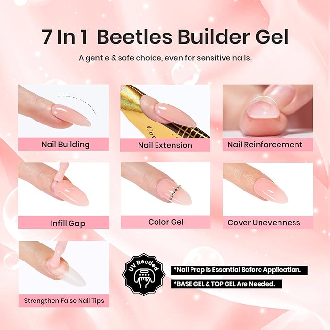 Beetles Pink Nude Builder Gel for Nails 7 in 1 Strengthener Gel for Nail Apex & Thickening Nail Extension DIY Salon at Home Beauty Gift Sets for Women Base Coat Top Coat Needed
