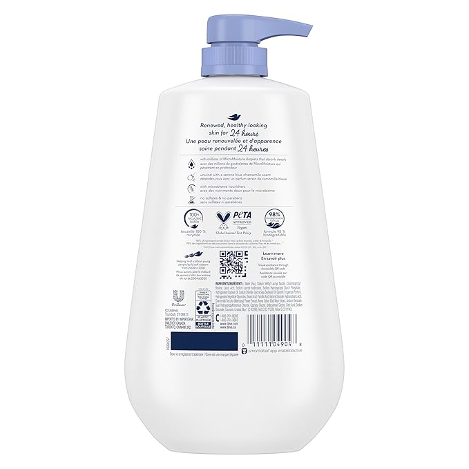 Dove Body Wash with Pump 3 Count Anti-Stress Blue Chamomile & Oat Milk, for 24hr Lotion-Soft Skin Moisturizing Skin Cleanser with No Sulfates No Parabens