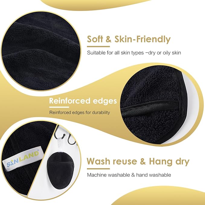SINLAND Reusable Makeup Remover Pads For Face,Eye,Lips Microfiber Gentle Facial Cleansing Cloths for All Skin Types Friendly for Makeup Remover With Laundry Bag Black Pack of 6