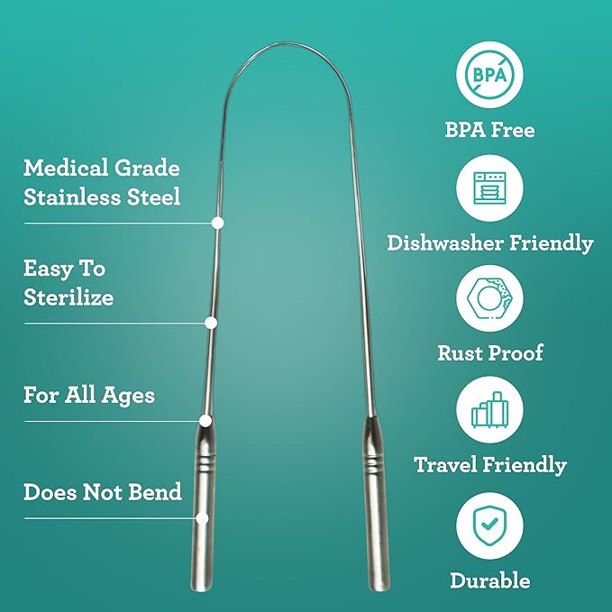 GuruNanda Tongue Scraper for Adults (2 Pack) with Travel Case, 420 Medical-grade 100% Stainless Steel Tongue Cleaner, Aids in Fresh Breath & Oral Care