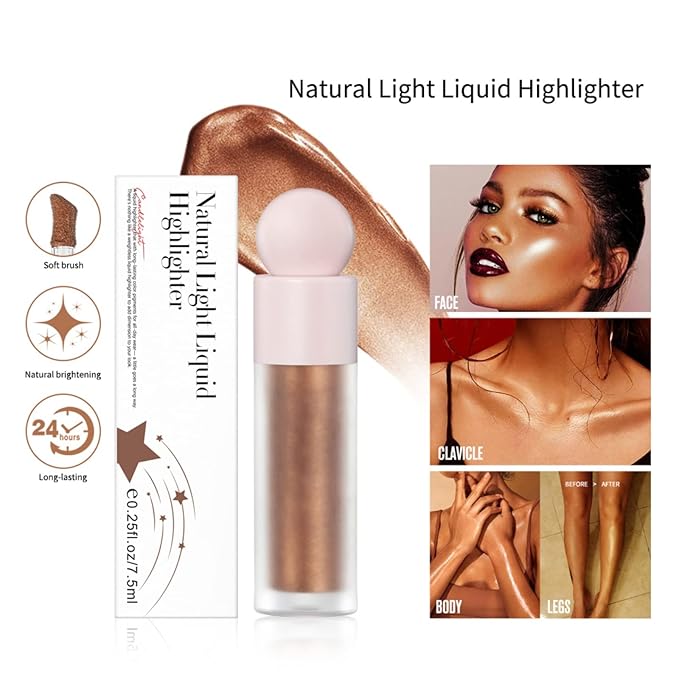 Liquid Highlighter Natural Glow For Face & Body, Waterproof Moisturizing Light Liquid Luminizer For Long Lasting Shimmer, Contour Highlighter Stick Easy to Apply with Cushion Applicator (#4 Candlelight)