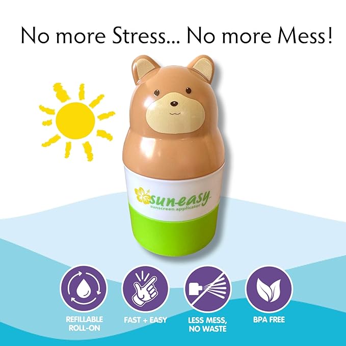 YAYA ORGANICS Sun-Easy Sunscreen Applicator, Refillable Roll-On with Sponge for Kids and Babies, Fun, Fast and Mess-Free application, Holds 100 ml, Bear/Blue Cap