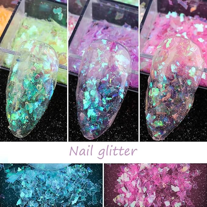 12 Colors Holographic Nail Art Glitter Sequins Iridescent Ice Slag Nail Glitter Laser Nail Art Flakes Colored Fluorescent Glass Paper Nail Sticker Decoration for Face Hand Body Make-Up DIY