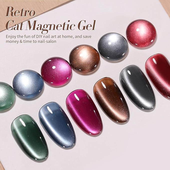 Born Pretty Cat Magnetic Eye Gel Nail Polish, Fall Winter Retro Cat Magnetic Gel, Pink Brown Blue Gray Green Magnetic Soak Off Nail Art Salon Manicure Home Gift 7ML 6PCS
