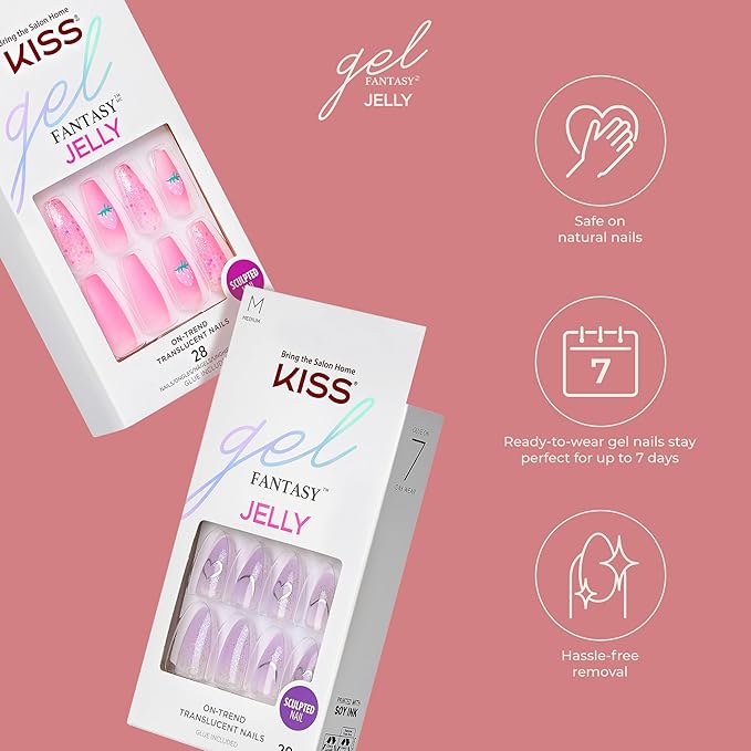 KISS Gel Fantasy, Press-On Nails, Nail glue included, 'Jelly Baby', Light Multicolor, Short Size, Coffin Shape, Includes 28 Nails, 2g Glue, 1 Manicure Stick, 1 Mini file