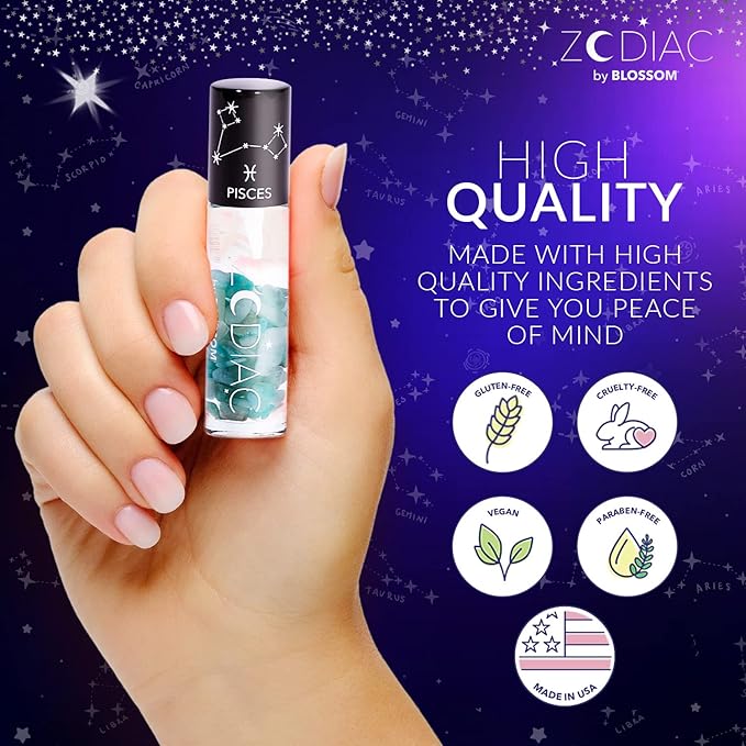 Blossom Zodiac Sign Vanilla Scented Moisturizing Roll-On Lip Gloss with Crystals + pH Technology Color Changing Crystal Strawberry Scented Lip Balm, 2 Pack Bundle, Pisces/Turquoise