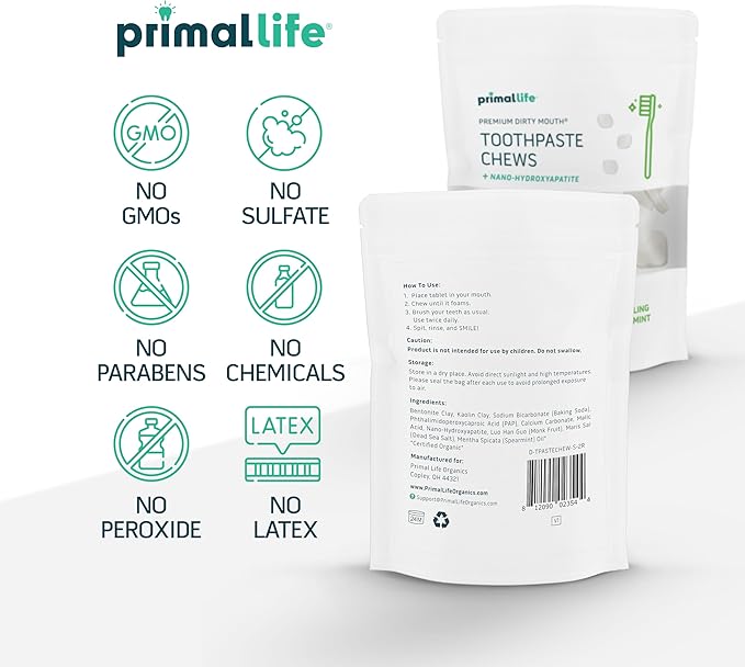 Primal Life Organics Premium Dirty Mouth Toothpaste Chews – Nano-Hydroxyapatite Whitening Toothpaste Tablets for Adults - Gluten Free, Vegan, Paleo - 60 Tablets in Bag - Sparkling Spearmint