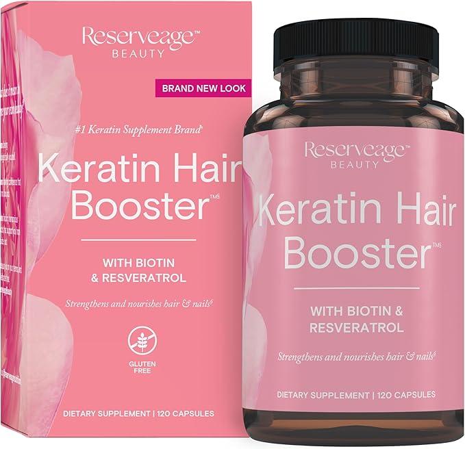 Reserveage Beauty, Keratin Hair Booster with Biotin & Resveratrol, Hair and Nail Growth Supplement for Men and Women, Supports Healthy Thickness and Shine with Biotin, 120 Capsules (60 Servings)