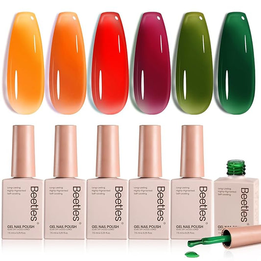 Beetles Jelly Gel Nail Polish Set - 6 Colors Yellow Orange Burgundy Red Purple Green Fall Gel Polish Kit Sheer Translucent Effect Soak off UV Nail Art Autumn Prism Series Manicure Gift for Women