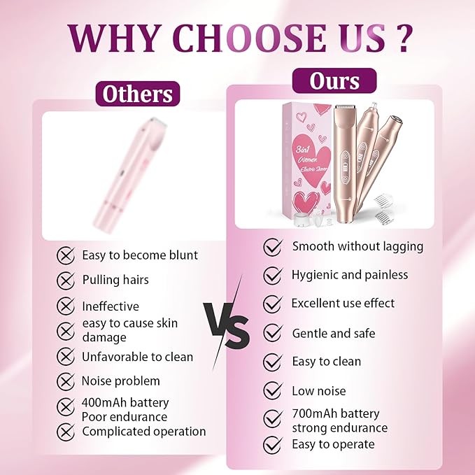 Bikini Trimmer for Women，3 in 1 Electric Razor with Ceramic Blades, IPX7 Waterproof, USB Rechargeable, Painless Hair Removal for Face，Body，Bikini Area, Travel Grooming Kit (Rose Gold)