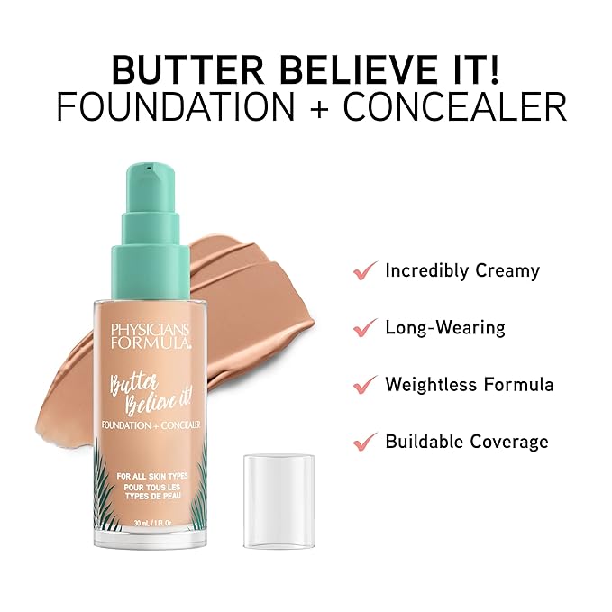 Physicians Formula Butter Believe It! Foundation + Concealer Medium | Dermatologist Tested, Clinicially Tested