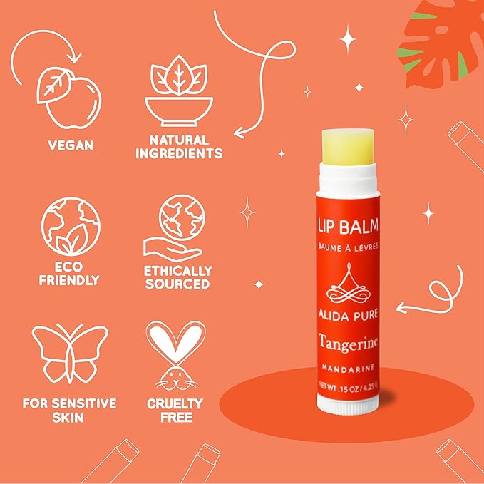 Tangerine Lip Balm, Vegan Lip Balm Set, Beeswax Free, with Avocado Oil, Organic Jojoba Oil, Candelilla Wax, and Vitamin E, Natural Moisturizer For Dry, Chapped, or Cracked Lips, 3 Tube Set