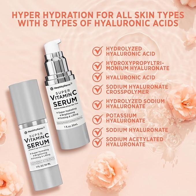 Super Vitamin C Serum for Women Over 70: Niacinamide, Vitamin C, Hyaluronic Acid, Peptides, Vitamin E, Caffeine, Bakuchiol, Hydrating, Lifting, Wrinkle & Age Spots Reduction Pack of 2