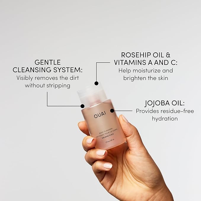 OUAI Body Cleanser Travel Size, Melrose Place - Foaming Body Wash with Jojoba Oil & Rosehip Oil to Hydrate, Balance & Soften Skin - Paraben, Phthalate, Sulfate Free Skin Care Products (3 Fl Oz)