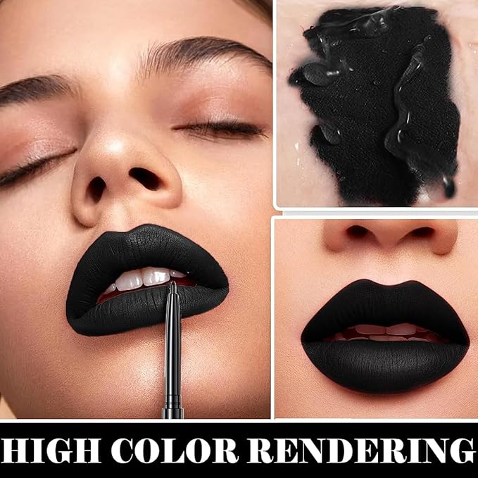3Pcs Black Matte Liquid Lipstick,Lip Liner,Lip Gloss Trio Lip Set Waterproof Long-Lasting Moisturizing Velvety Lip Stain One Step Lips Makeup Kits Goth Makeup