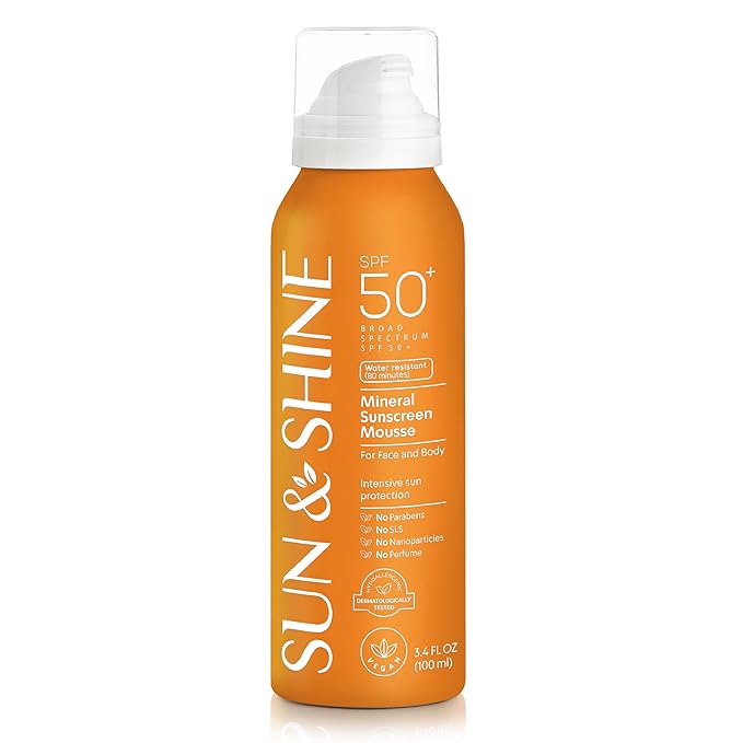 SUN & SHINE MINERAL SUNSCREEN MOUSSE: 100% mineral zinc oxide SPF50 Broad Spectrum UVA UVB, Face Body Protection, Sunburn Spray Zinc Oxide for Sensitive Skin, fragrance free 3.4 Oz