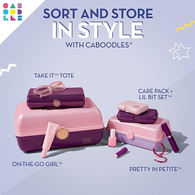 Caboodles Pretty in Petite Makeup Box, Hard Plastic Organizer Box, 2 Swivel Trays, Fashion Mirror, Secure Latch for Safe Travel