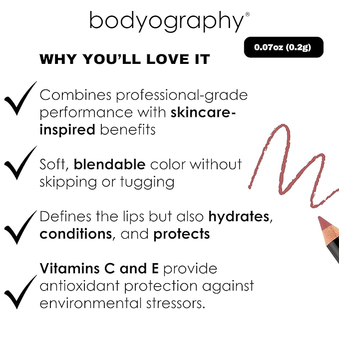 Bodyography Pouty Lip Pencil | Lip Liner Pencil with Coconut Oil, Vitamin E & C | Long-Lasting, Matte Liner for Definition & Color | Makeup Essential for Smooth Lip Contour