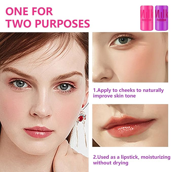 2 Pcs Milk Jelly Blush,Jelly Tint Blush Stick Sheer Lip & Cheek Stain Milk Cooling Water Jelly Tint Long Lasting Face Blushes, Lip Gloss Cheek Solid Moisturizer Stick (03#+04#)