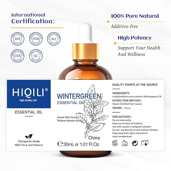 HIQILI 1 Fl Oz Wintergreen Essential Oil, 100% Pure Natural for Skin, Diffuser - 30ml
