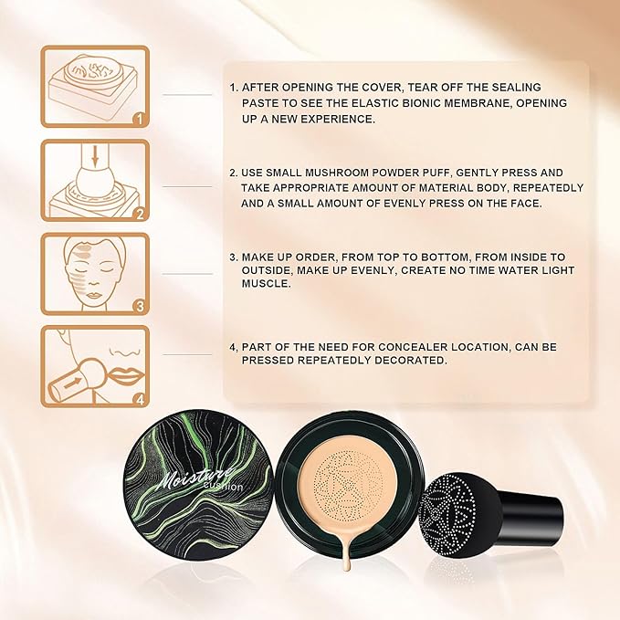 Mushroom Head Air Cushion CC Cream BB Cream Makeup Foundation Moisturizing Concealer Long Lasting Full Coverage Waterproof Foundation Makeup Even Skin Tone Makeup Base Primer (Buff Beige)