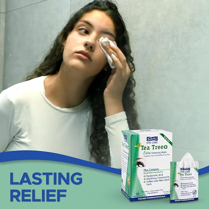 Dr. Fischer Tea Tree Oil Eye Wipes - Eyelid Wipes for Sensitive Eyes with Hyaluronic Acid and Chamomile, Makeup Remover, Daily Cleanser (60 wipes)