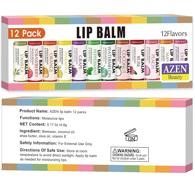 AZEN 12 Pack Lip Balm, Natural Lip Balm Bulk, Lip Care Product, Moisturizing Lip Balm for dry cracked lips - 12 Flavors