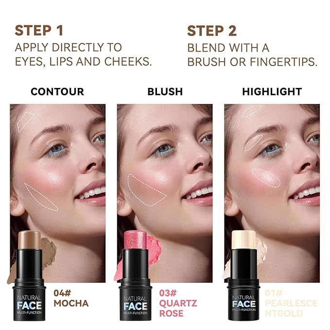 3 Colors Cream Contour Stick, Shades with Highlighter Stick,Blush Stick and Bronzer Contour Stick for Sculpt the Cheeks,Long Lasting,Waterproof,Matte & Dewy Finish for Women (LIGHT(1+3+4))