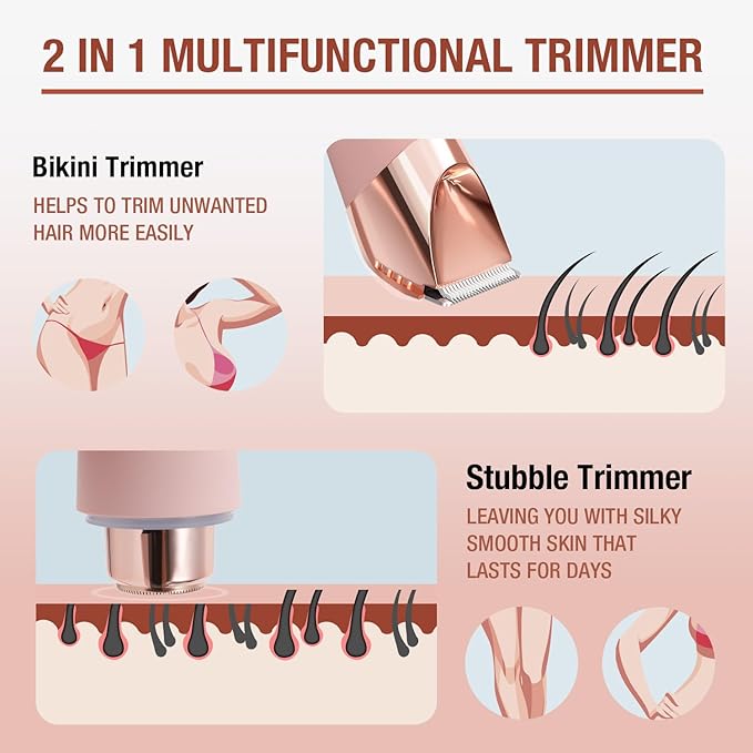 SUPRENT Bikini Trimmer Women- Painless Ladies Hair Removal Waterproof Wet & Dry- 2 in 1 Lady Shaver for Pubic Hair & Facial Hair- Cordless Electric Razors with USB-C Rechargeable-Pink
