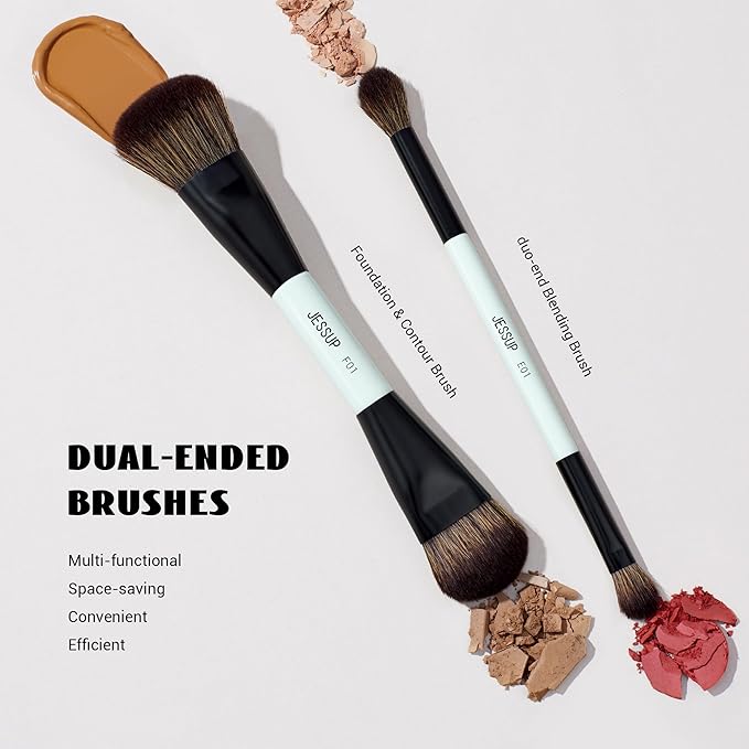 Jessup Makeup Brushes 2pcs Double Sided Foundation Brush Contour Brush Dual Ended Eye Blending Brush, Multi-functional Cosmetic Brush Bright Cyan T502