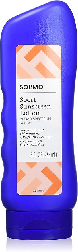 Amazon Brand - Solimo Sport Sunscreen Lotion, SPF 30, Formulated without Octinoxate & Oxybenzone, Broad Spectrum UVA/UVB Protection, unscented, 8 fl oz (Pack of 1)