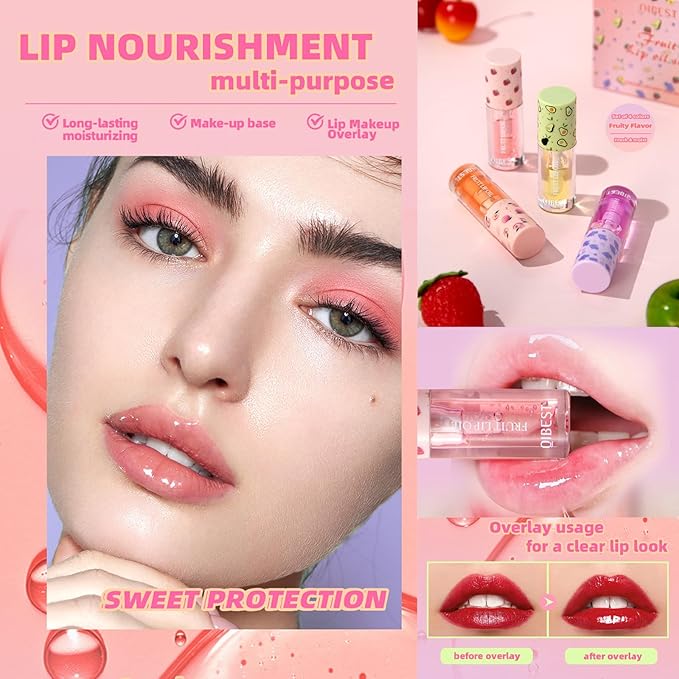 4pcs Hydrating Fruity Lip Oil Lip Plumping Gloss Hydrating