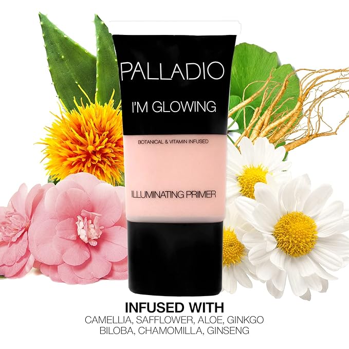 Palladio I'm Glowing Illuminating Primer, Pearly Pink Makeup Primer for Face, Contains Aloe Vera, Grape Seed Oil, Green Tea, Brightens Complexion, Combats Wrinkles, Fine Lines & Pores