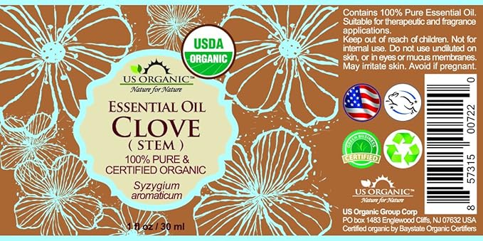 US Organic 100% Pure Clove Stem Essential Oil - USDA Certified Organic, Steam Distilled (30 ml)